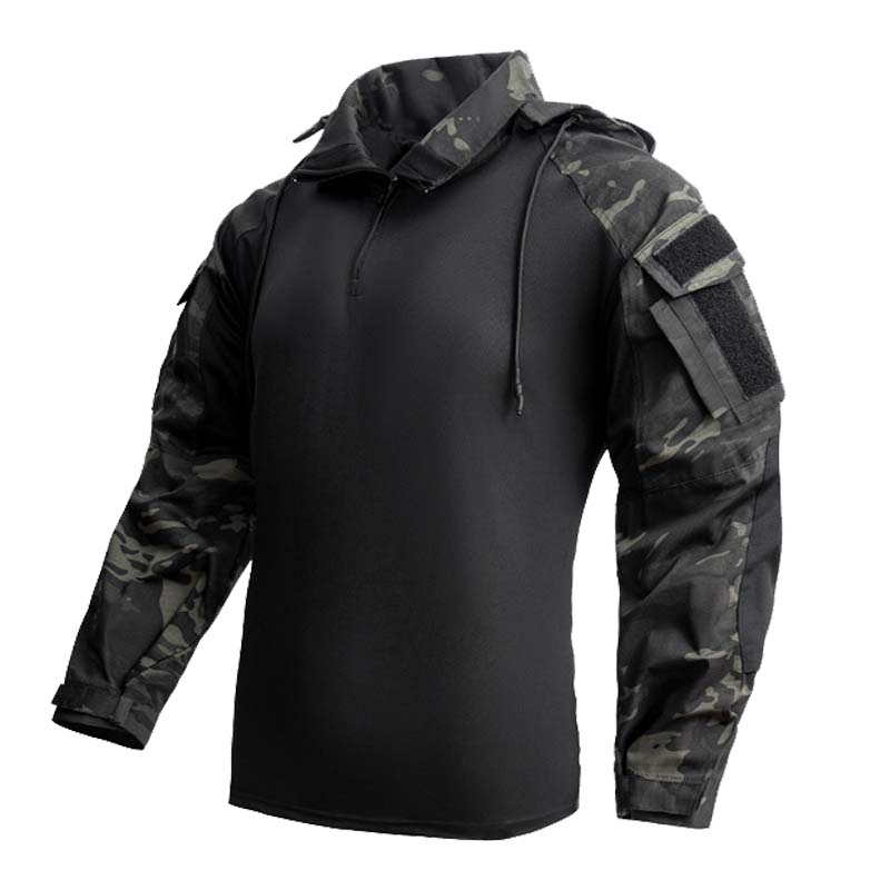 Hunting Outdoor Shirts - เสื้อยืดผู้ชายแบบซิป 1/4 แขนยาว มีฮู้ด เสื้อเชิ้ตยุทธวิธี เสื้อยืดสำหรับปีนเขา