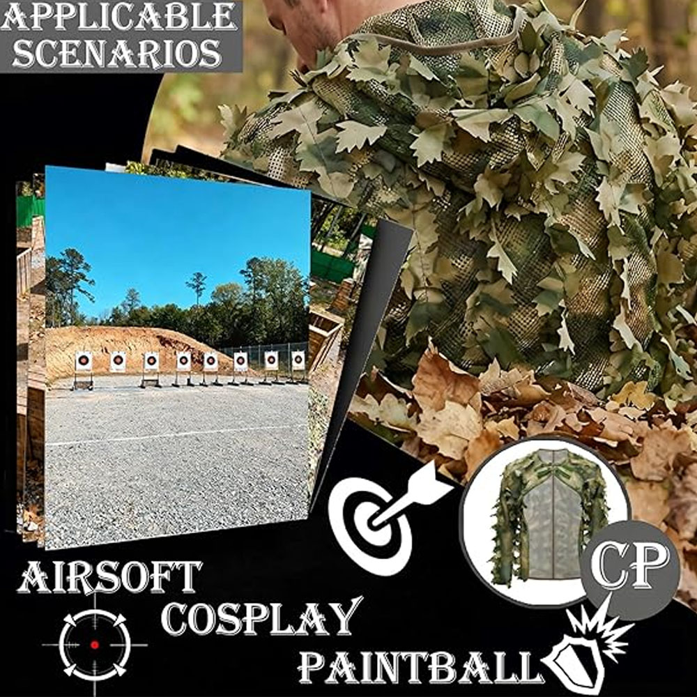 Ghillie Suit Woodland - ชุดพรางแบบเคปสไตล์ กิลลี่สูท ลายใบไม้ แจ็คเก็ตพรางลายป่า ชุดล่าสัตว์ลายพราง 3